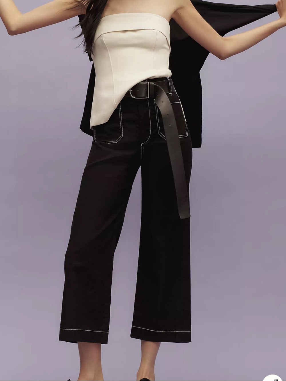 Anthropologie Maeve Colette Black Wide-Leg Pants with White Contrast Stitching - Picture 3 of 10
